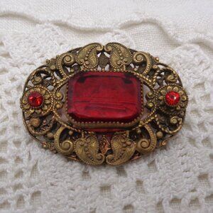 Vintage Red Glass Rhinestone Brass Filigree Brooch